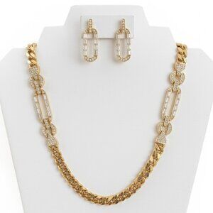 Chunky Gold and Rhinestone Necklace and Pierced Earring Set